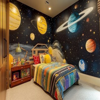 Modern Kids Room Design With Space-Themed Wallpaper